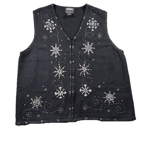 Designers Originals Women Sweater Vest Beaded Snowflakes Christmas Black 1X I184 - Picture 1 of 8